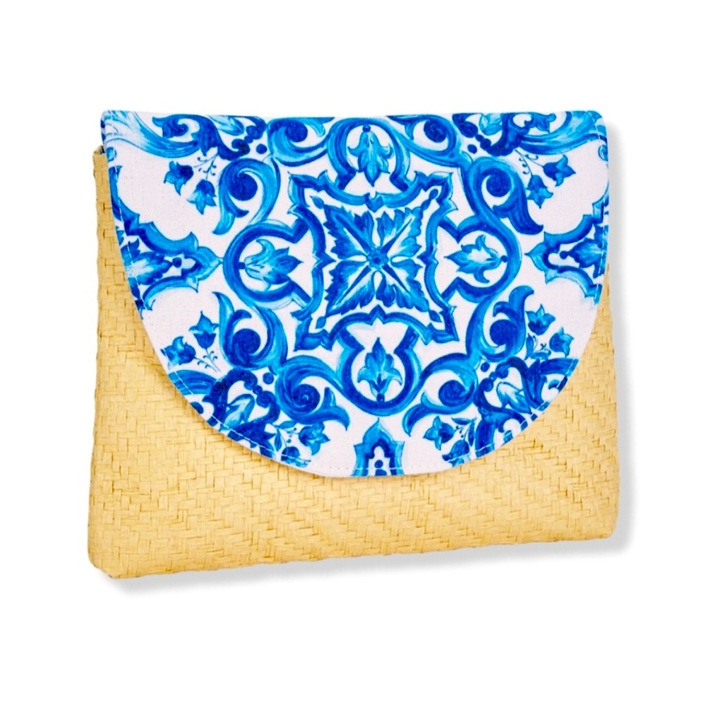 New! Dolce & Gabbana Straw & Fabric Clutch Sealed Blue & White Summer Print